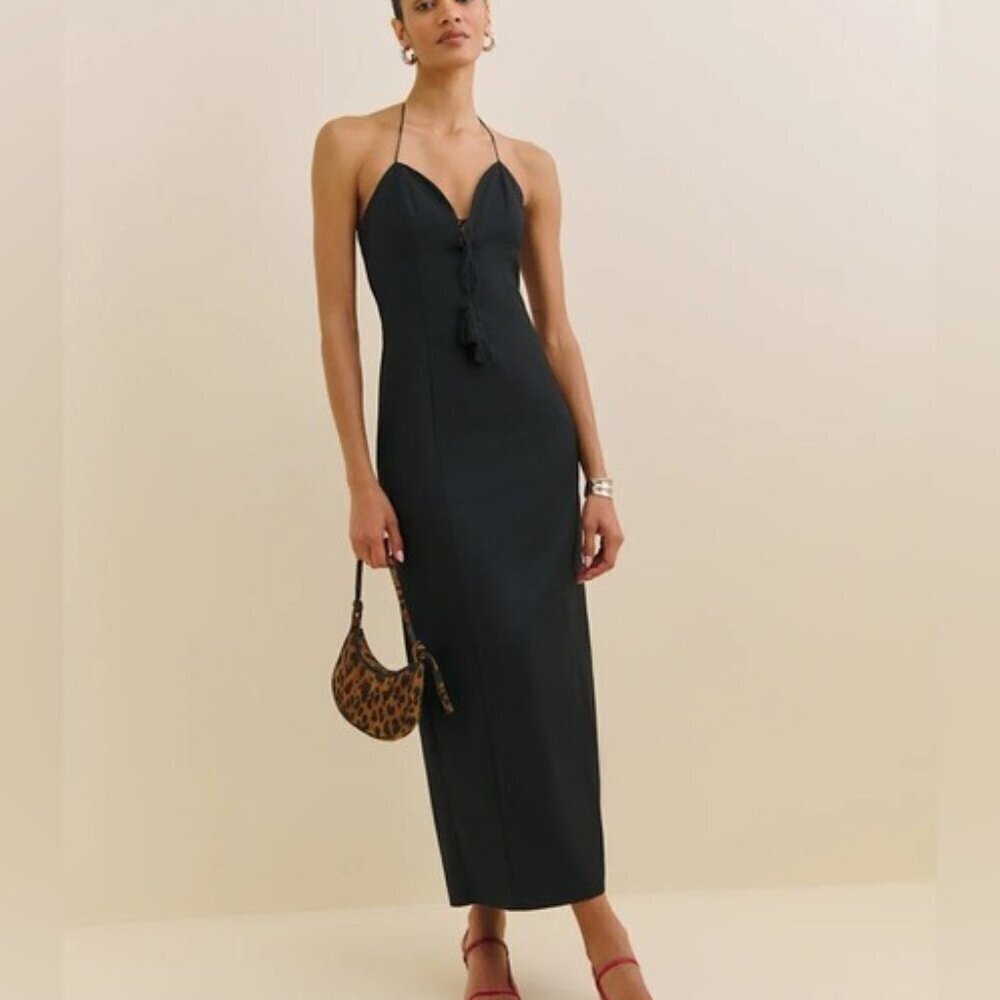 NEW Reformation Solasta Cotton Midi Halter Slip Dress Cocktail Black | size 2